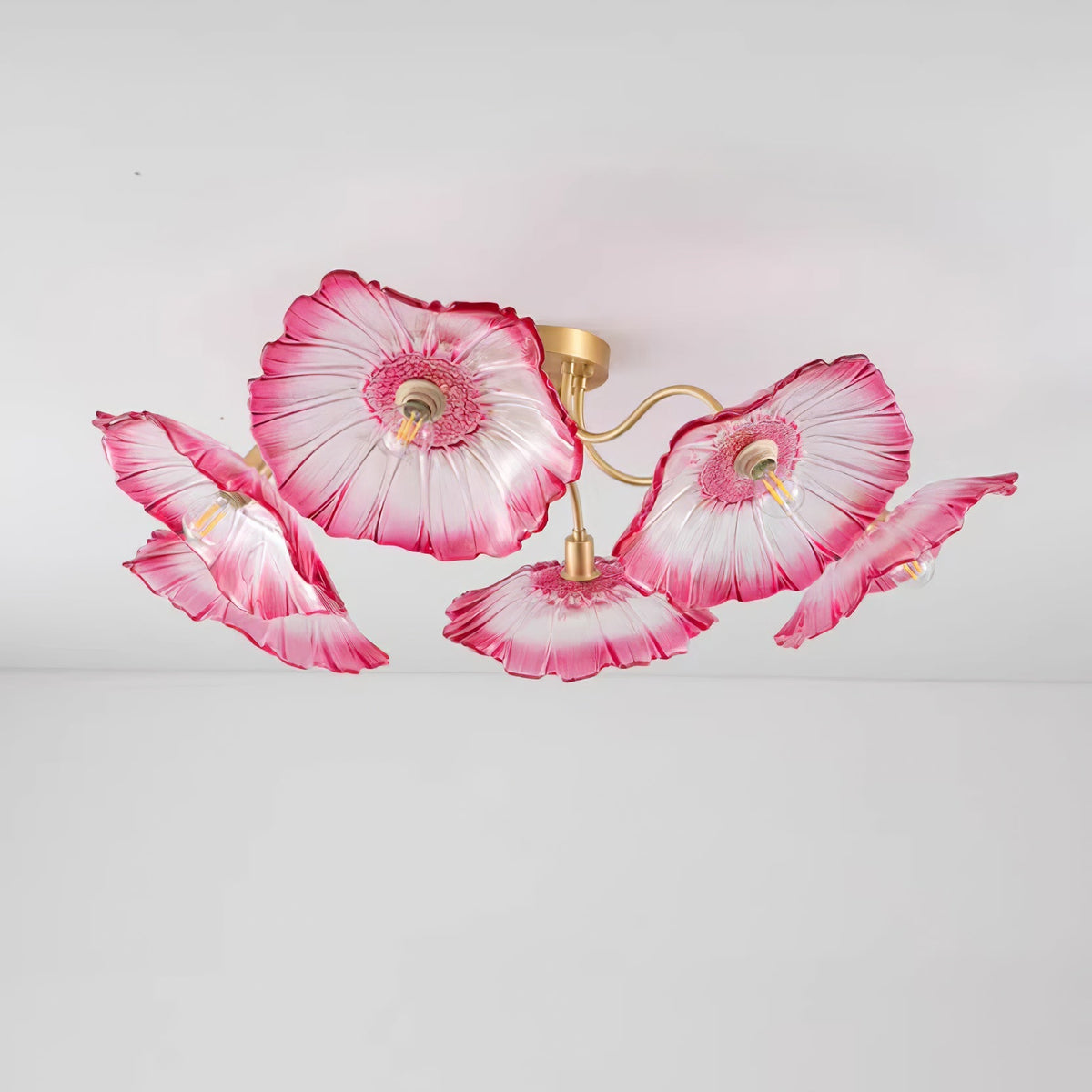 Glass Ceiling Lamp with Leaf Motif – 3, 5 or 6 Light Points – Golden Fixture with Clear or Pink Frosted Glass | Sansoti