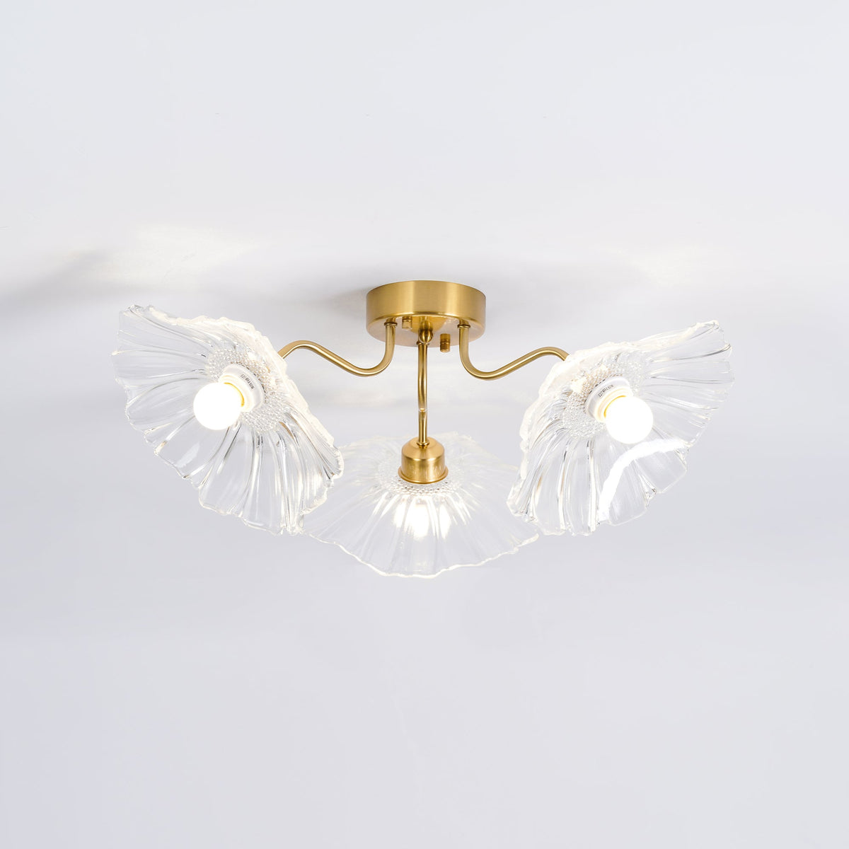 Glass Ceiling Lamp with Leaf Motif – 3, 5 or 6 Light Points – Golden Fixture with Clear or Pink Frosted Glass | Sansoti