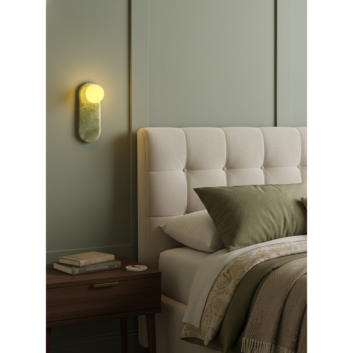 Luksusowa lampa ścienna z jadeitu lub marmuru ze szklanym kloszem – oświetlenie designerskie w stylu mid-century do sypialni i przedpokoju | Sansoti