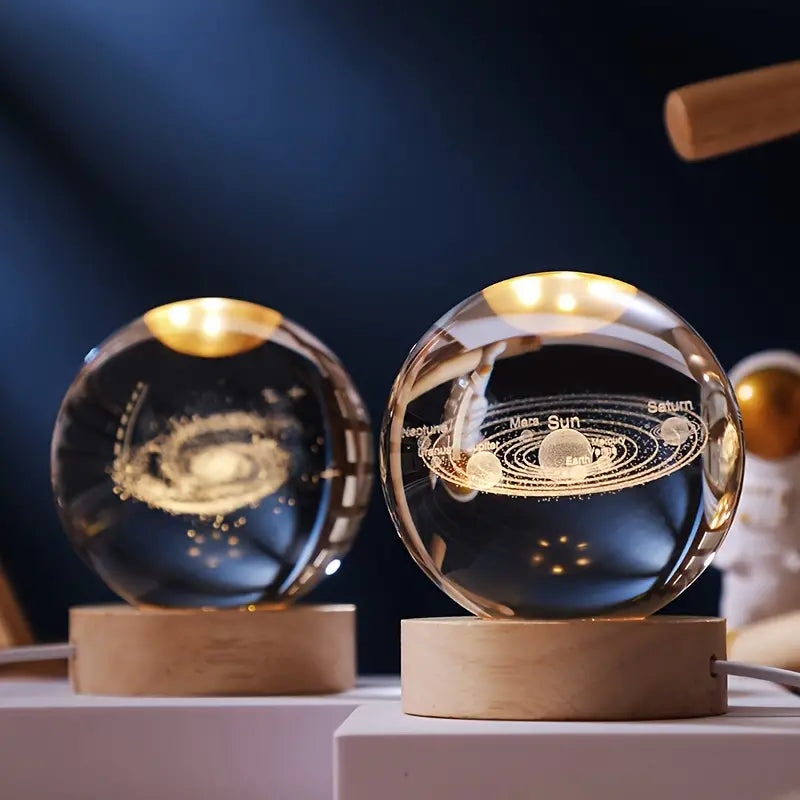 Lampe de chevet boule en verre 3D avec pied en bois, éclairage LED USB, ciel étoilé, planète, éclairage d’ambiance pour chambre | Sansoti