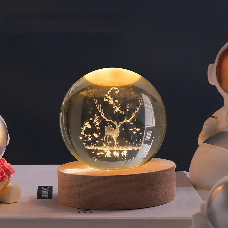 Lampe de chevet boule en verre 3D avec pied en bois, éclairage LED USB, ciel étoilé, planète, éclairage d’ambiance pour chambre | Sansoti