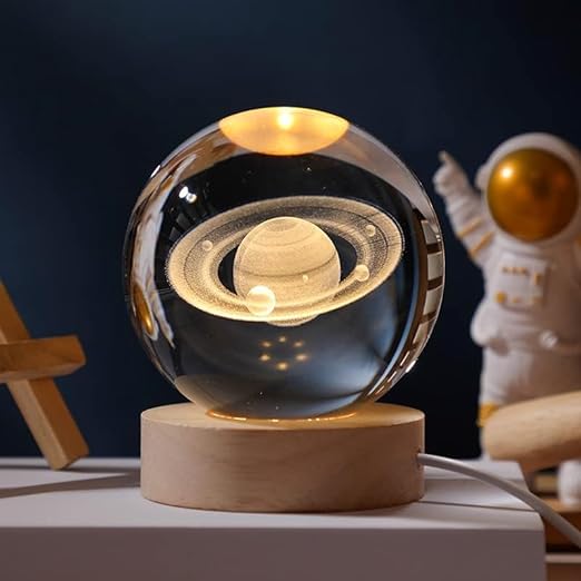 Lampe de chevet boule en verre 3D avec pied en bois, éclairage LED USB, ciel étoilé, planète, éclairage d’ambiance pour chambre | Sansoti