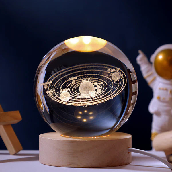 Lampe de chevet boule en verre 3D avec pied en bois, éclairage LED USB, ciel étoilé, planète, éclairage d’ambiance pour chambre | Sansoti