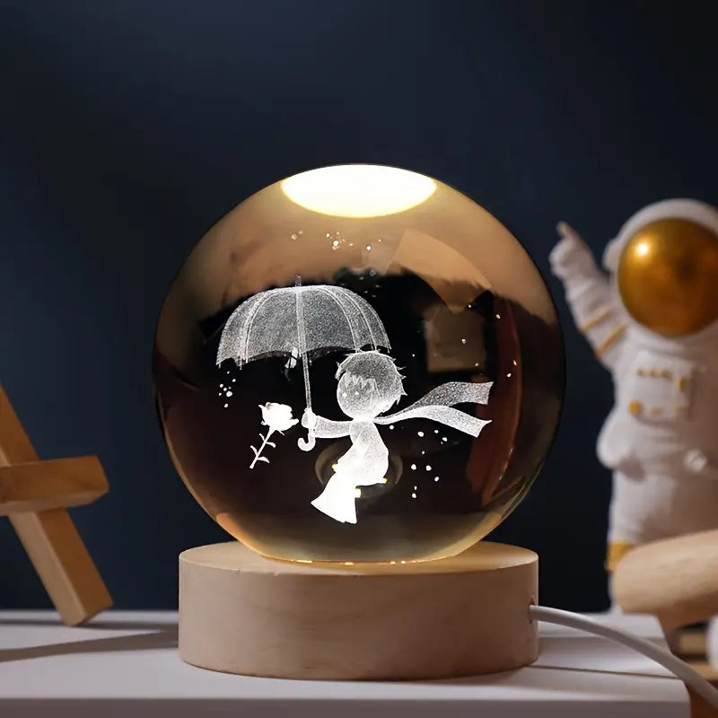 Lampe de chevet boule en verre 3D avec pied en bois, éclairage LED USB, ciel étoilé, planète, éclairage d’ambiance pour chambre | Sansoti