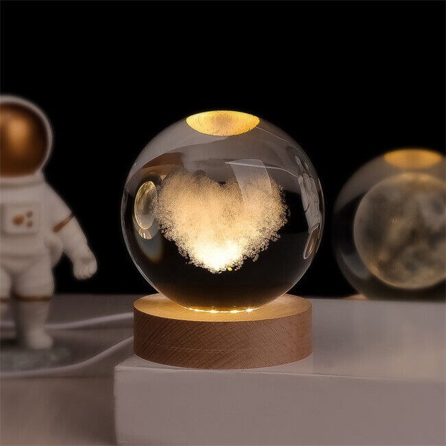 Lampe de chevet boule en verre 3D avec pied en bois, éclairage LED USB, ciel étoilé, planète, éclairage d’ambiance pour chambre | Sansoti