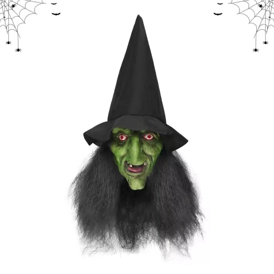 Halloween Heksenmasker Volwassenen met Lichtgevende Ogen Groen Zwart Complete Set Inclusief Haar Hoed | Sansoti