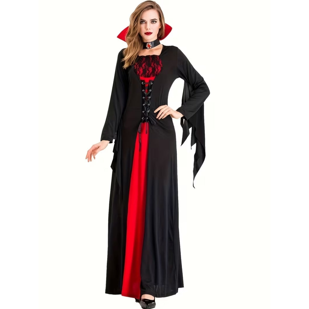 Gothic Vampierjurk met Hoge Kraag en Veterdetails Lange Ceremoniekostuum Halloween Dames Verkleedkleding | Sansoti