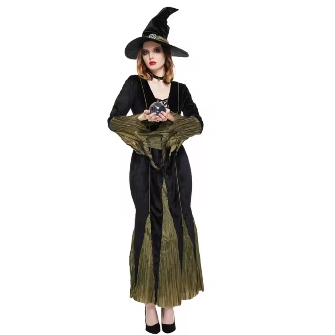 Heksenkostuum voor Dames met Zwarte Jurk en Punthoed – Compleet Verkleedoutfit voor Halloween Carnaval | Sansoti