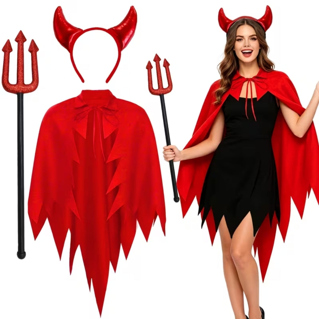 Duivelskostuum 3-Delig Dames met Cape Hoorns Drietand Halloween Carnaval Verkleedset Feest Rollenspel Kostuum | Sansoti