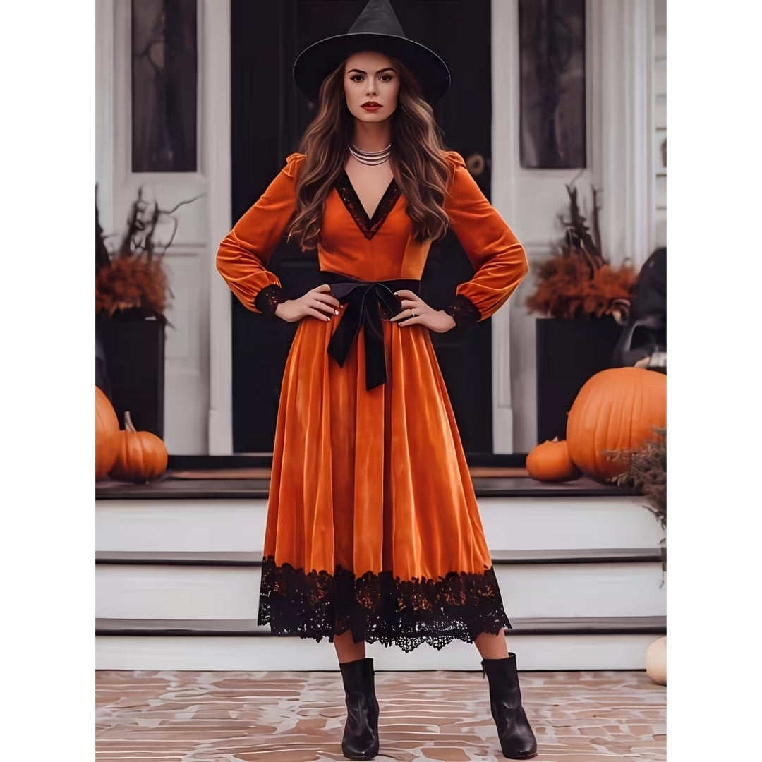 Kostümkleid Hexe Vintage Polyester V-Ausschnitt Spitze Orange Damen Halloween-Mottoparty Kostüm | Sansoti