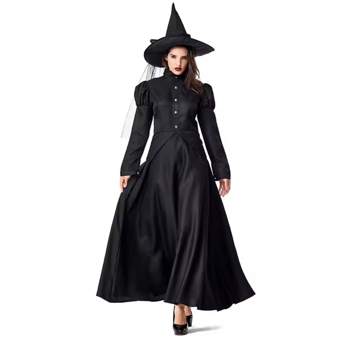 Long Black Witch Costume Dress for Halloween Fancy Dress Party Cosplay Women and Children Festive Outfit | Sansoti