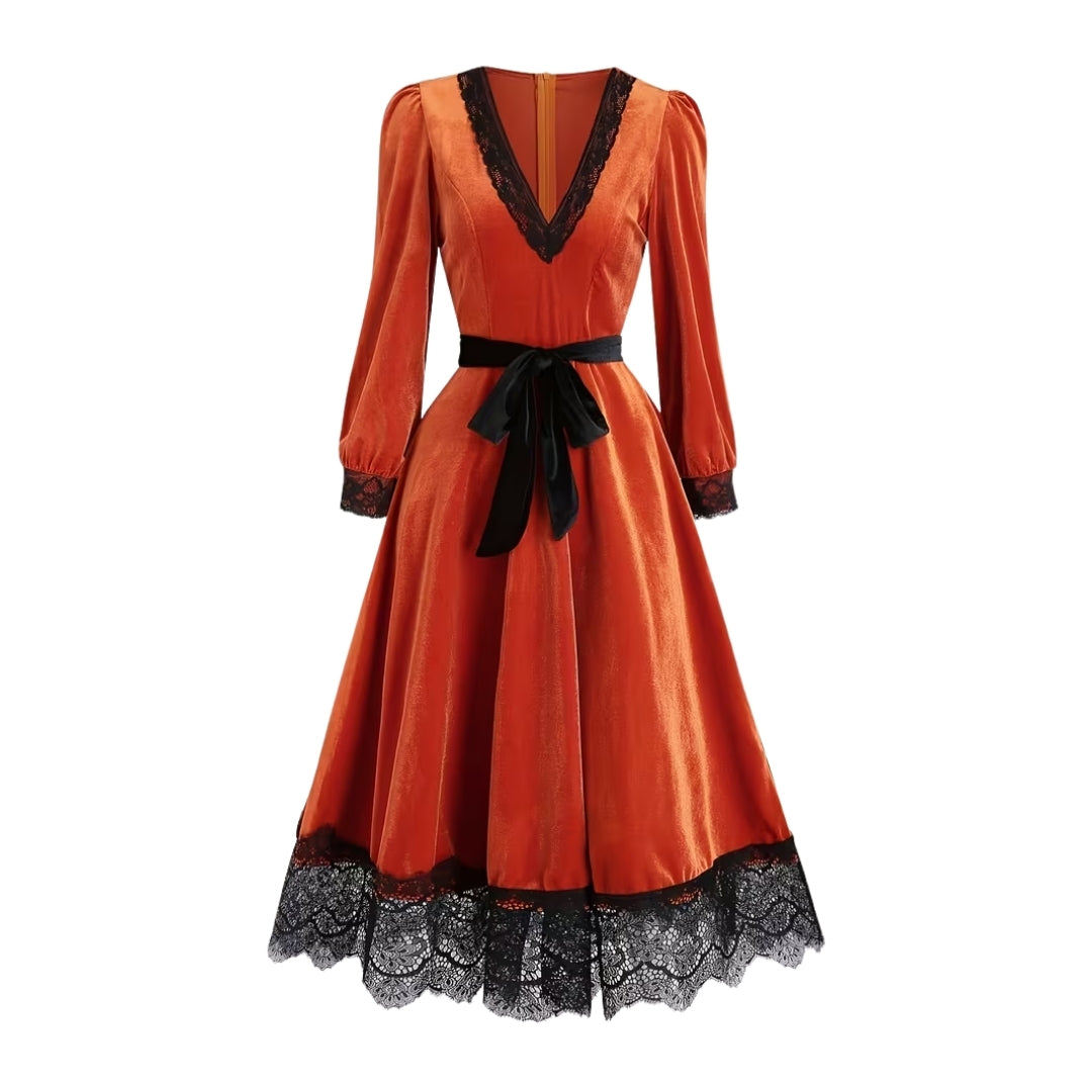 Kostümkleid Hexe Vintage Polyester V-Ausschnitt Spitze Orange Damen Halloween-Mottoparty Kostüm | Sansoti