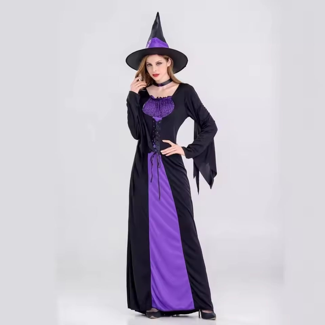 Gothic Witch Dress with Hat Black Purple Long Sleeves Halloween Carnival Cosplay Party Costume Fancy Dress | Sansoti