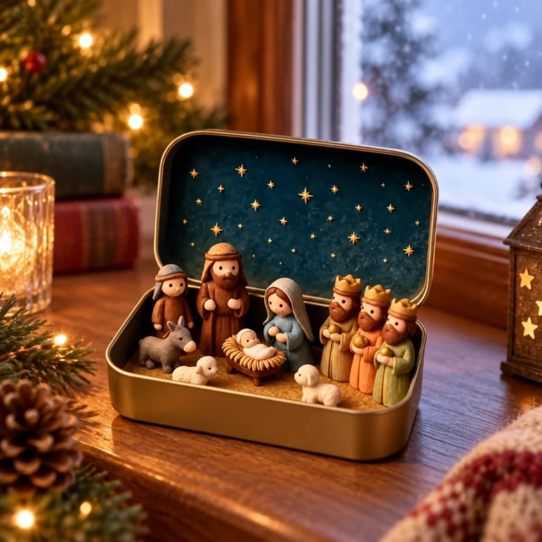 Kompakte Weihnachtskrippe in Aufbewahrungsbox aus Edelstahl Maria Josef Jesus Weihnachtsdekoration Traditionell Festlich | Sansoti