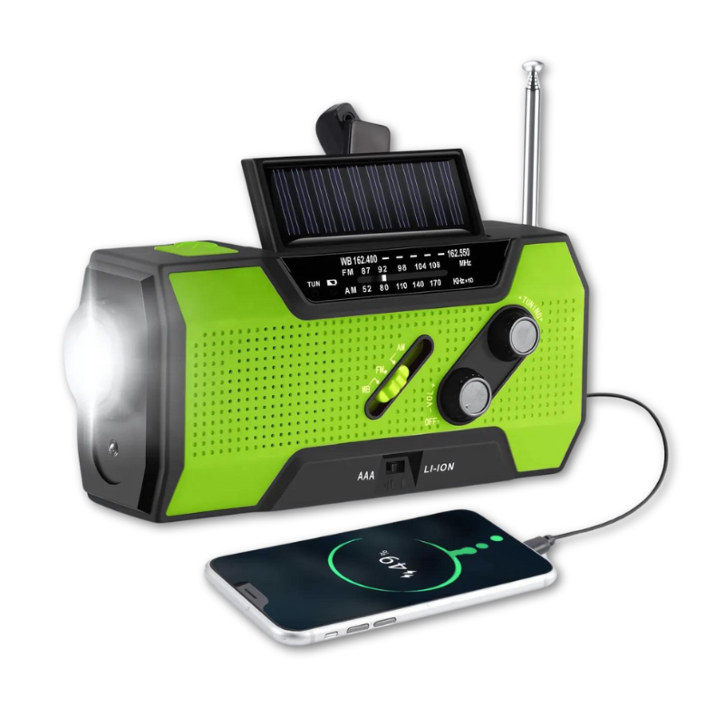 All-in-one emergency radio with solar panel & hand crank – AM/FM, power bank & flashlight