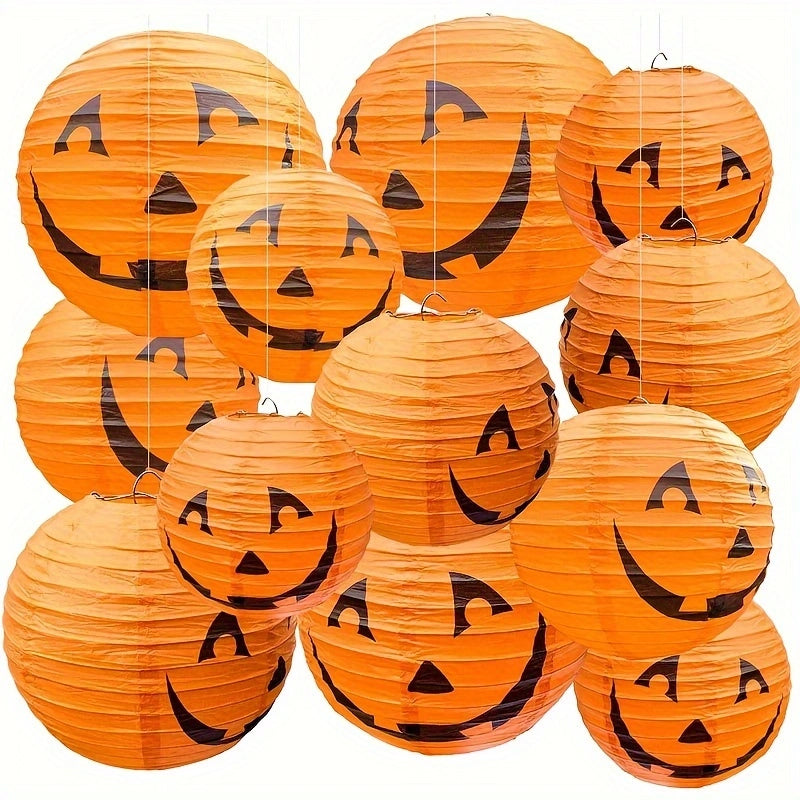Orange Pumpkin Paper Lantern Set of 12 Halloween Party Decorations Hanging Decoration 20cm Diameter | Sansoti