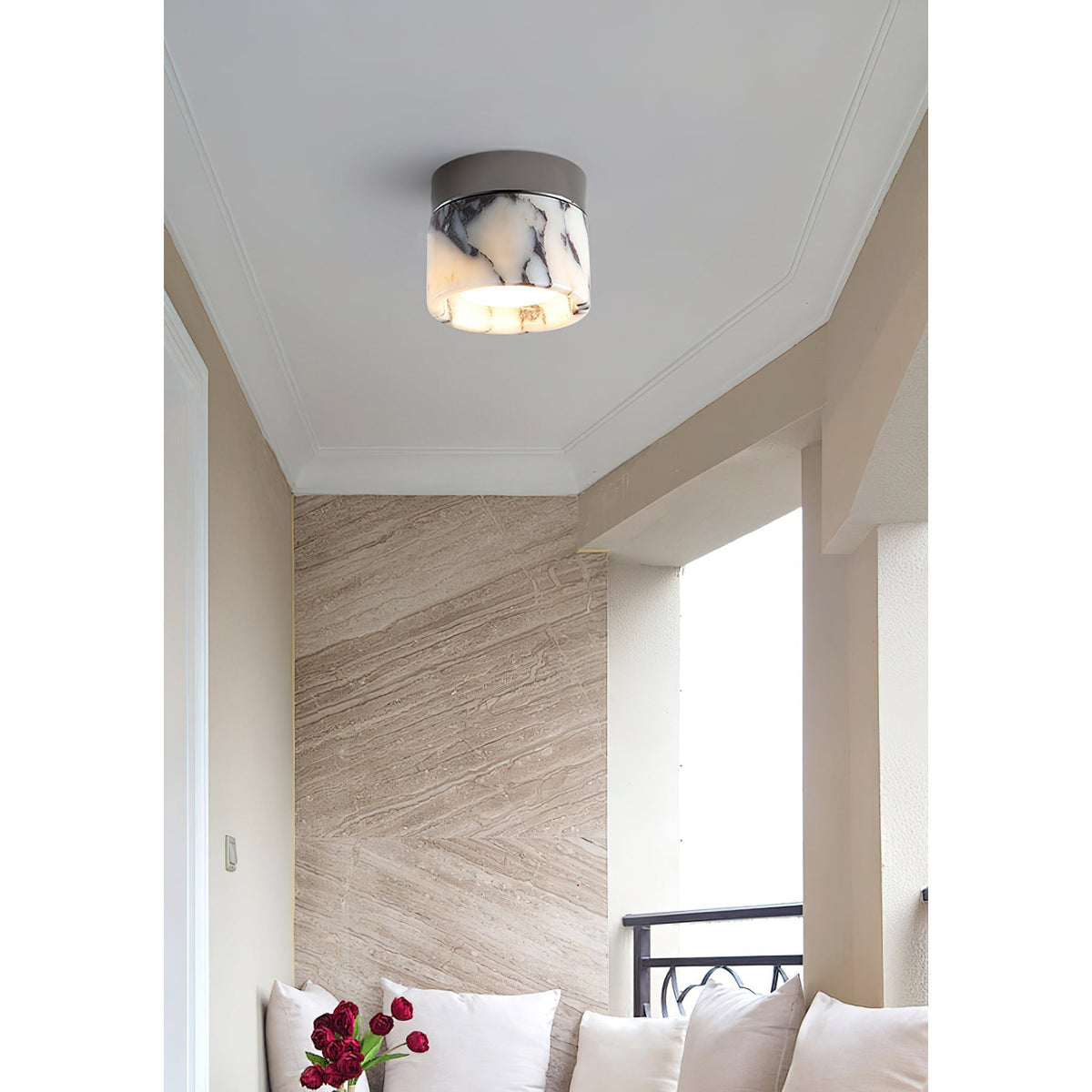 Runde Deckenleuchte aus Marmor mit Glasschirm, moderne Beleuchtung für Wohnzimmer, Schlafzimmer, Flur und Esszimmer | Sansoti