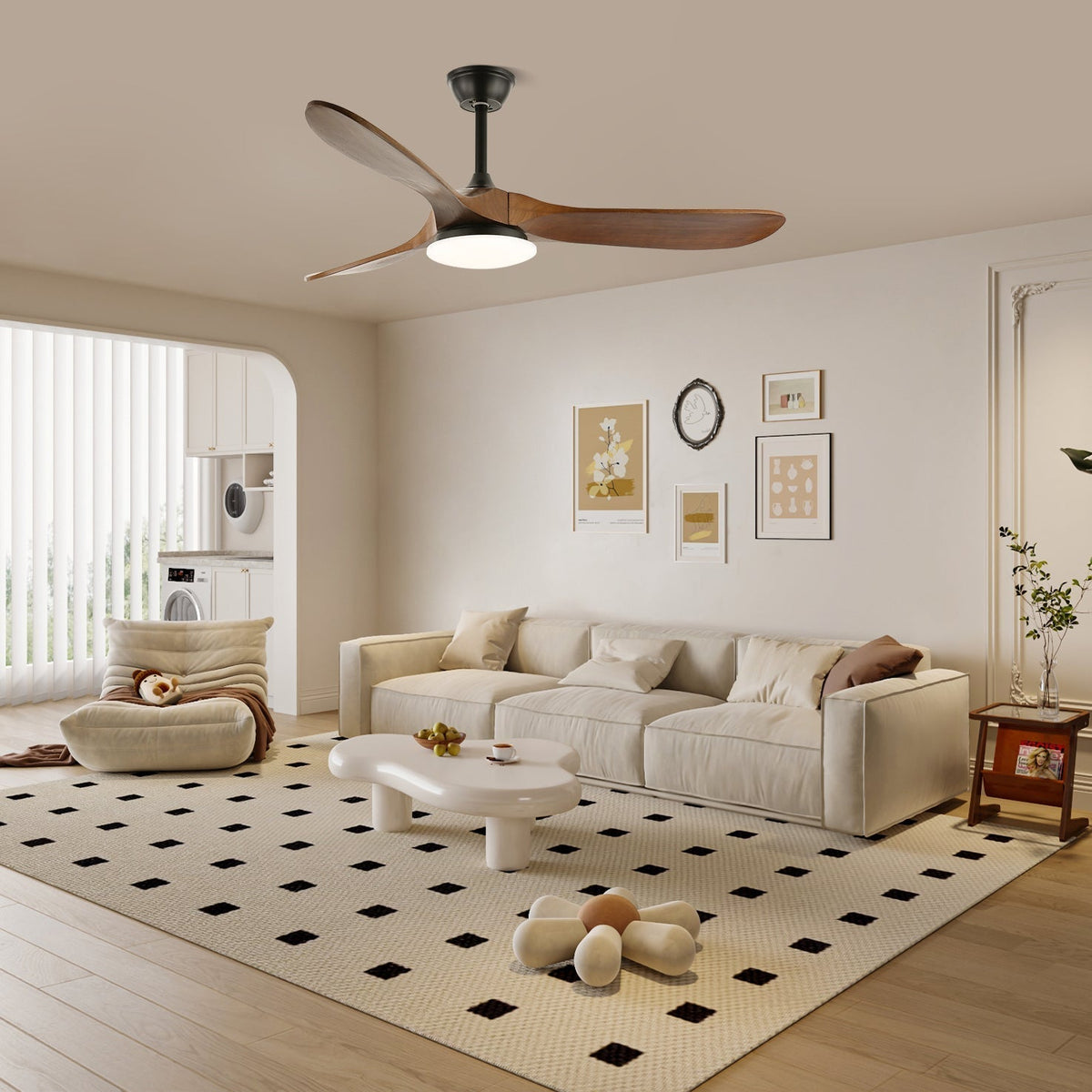 Scandinavian Ceiling Fan with Lighting | Modern Fan with LED | Remote Control & 6 Speeds | Black White Wood Grain | For Bedroom Living Room | 106/132 cm | Sansoti