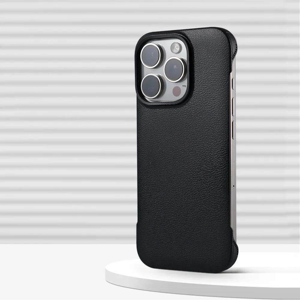 Minimalist PU Leather Phone Case with Stitching for iPhone 13 14 15 16 Pro Max Wireless Charging Protection | Sansoti