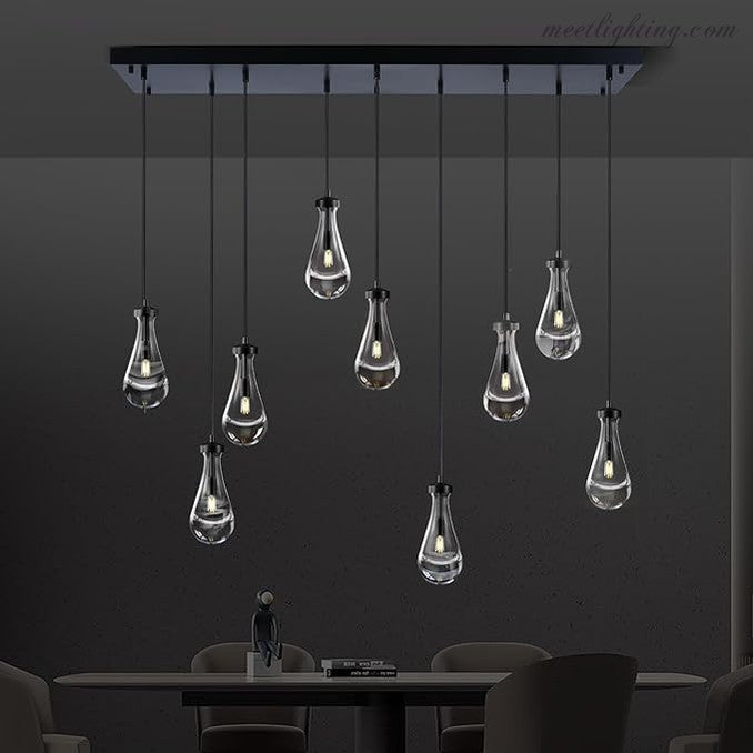 Rectangular Chandelier with Teardrop-Shaped Glass Pendants Brass Black Nickel for Dining Room and Living Room | Sansoti