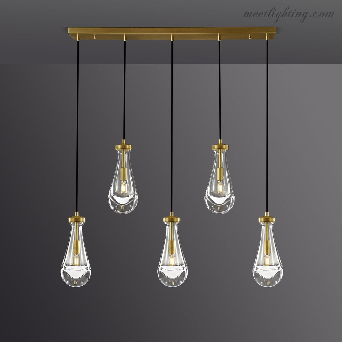Rectangular Chandelier with Teardrop-Shaped Glass Pendants Brass Black Nickel for Dining Room and Living Room | Sansoti