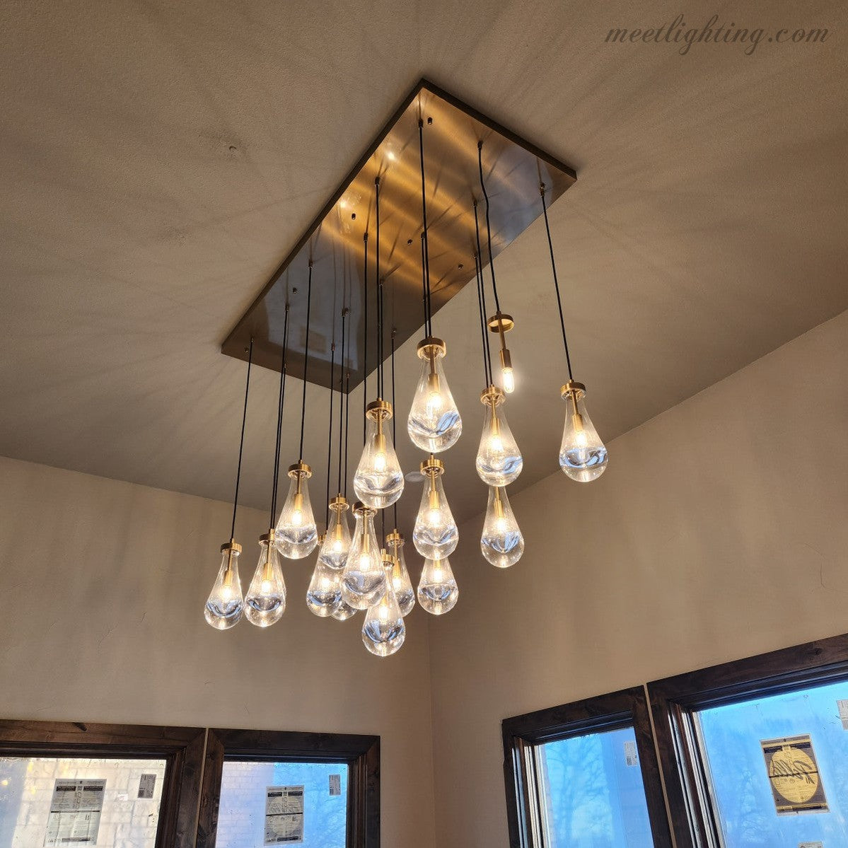 Rectangular Chandelier with Teardrop-Shaped Glass Pendants Brass Black Nickel for Dining Room and Living Room | Sansoti