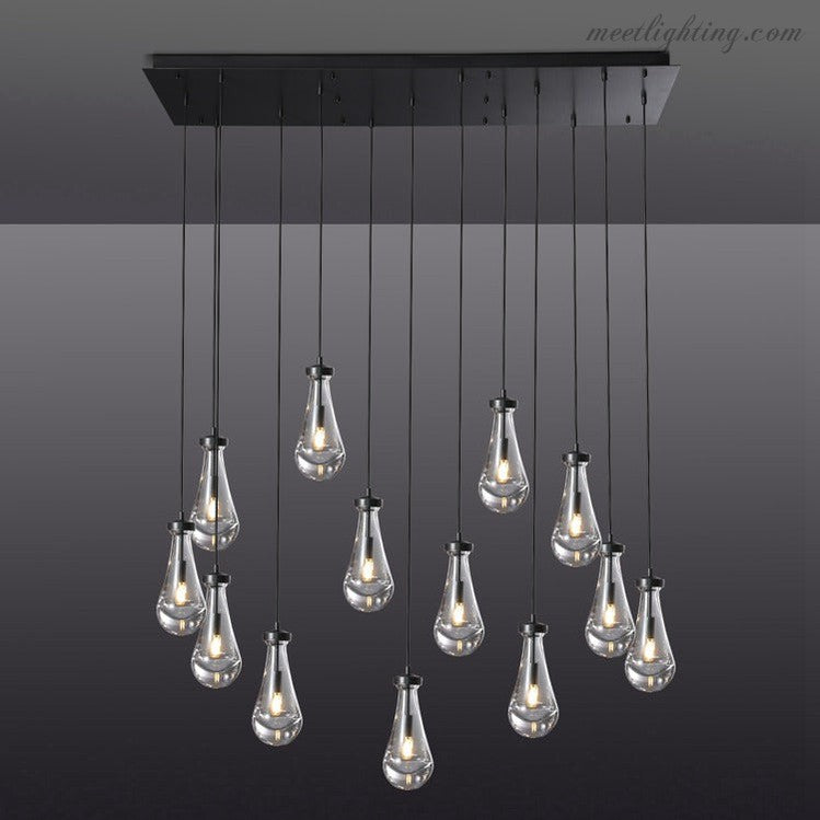 Rectangular Chandelier with Teardrop-Shaped Glass Pendants Brass Black Nickel for Dining Room and Living Room | Sansoti
