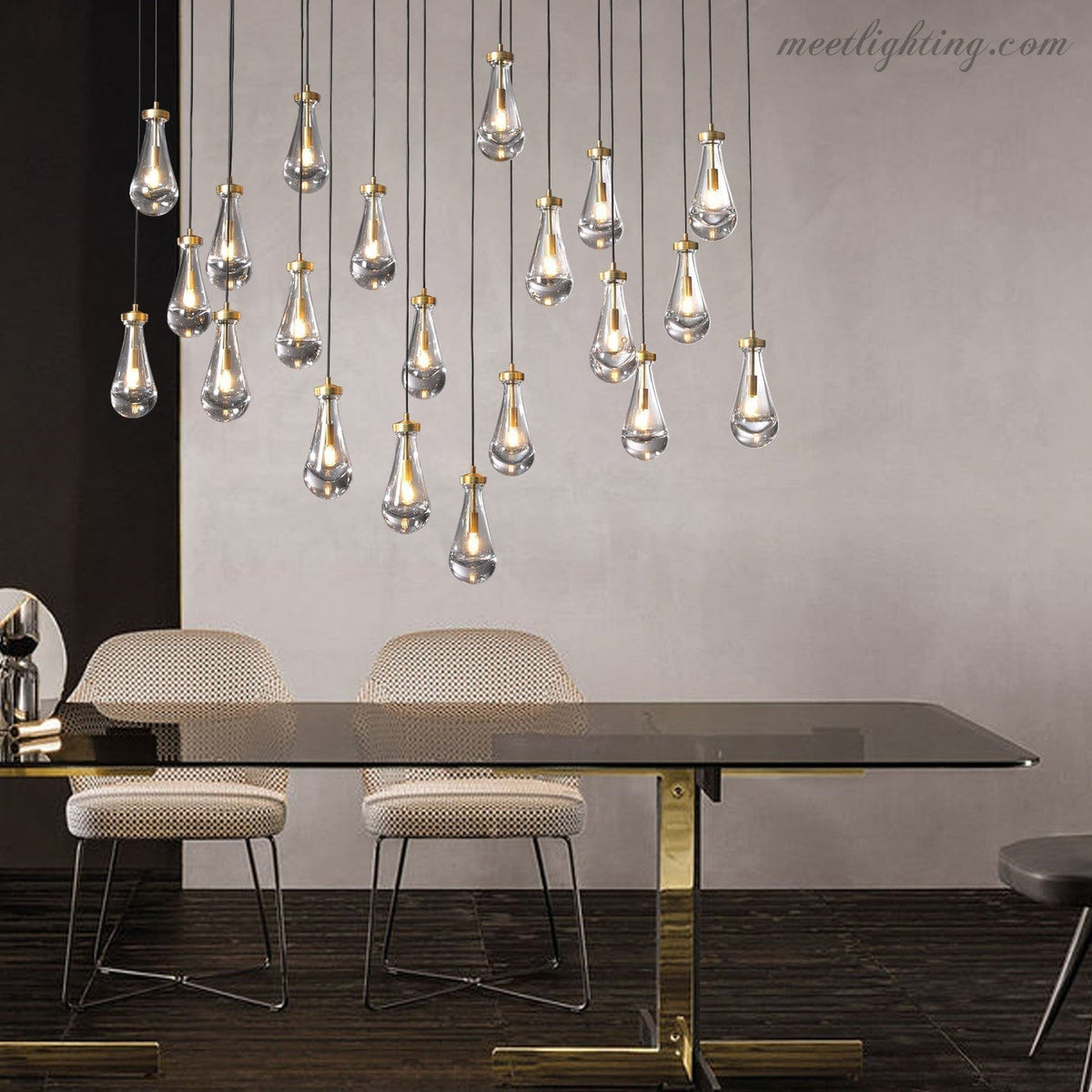 Rectangular Chandelier with Teardrop-Shaped Glass Pendants Brass Black Nickel for Dining Room and Living Room | Sansoti
