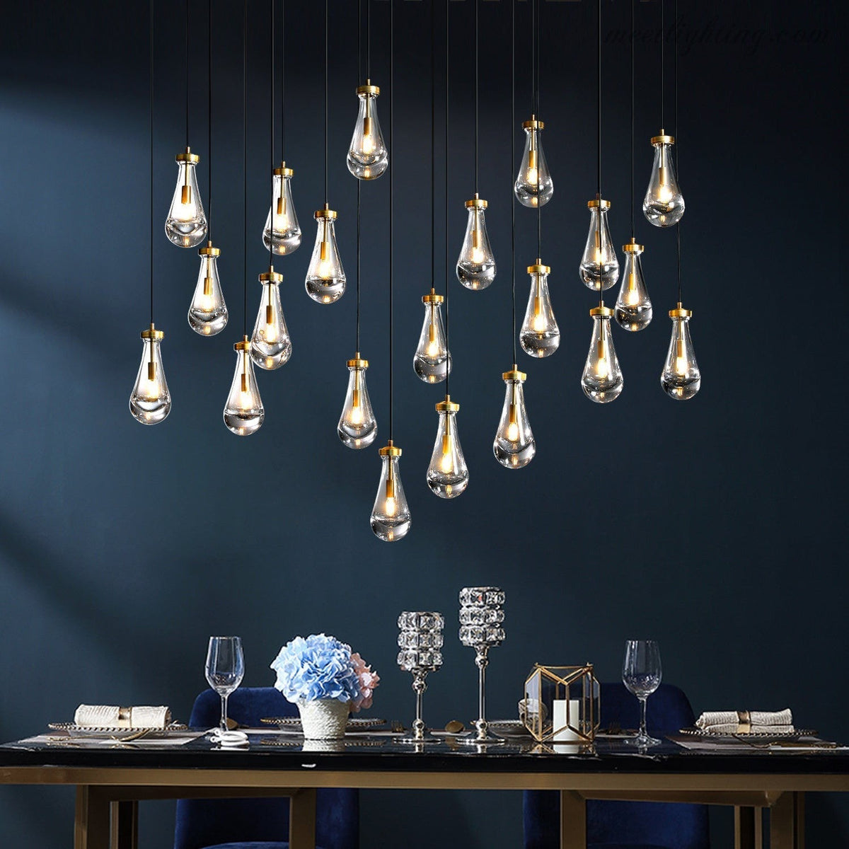 Rectangular Chandelier with Teardrop-Shaped Glass Pendants Brass Black Nickel for Dining Room and Living Room | Sansoti