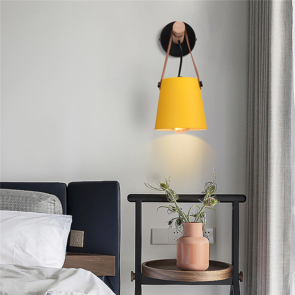 Wandlamp Kegel Hout IJzer Leren Band E27 Industrieel Zwart Wit Woonkamer | Sansoti