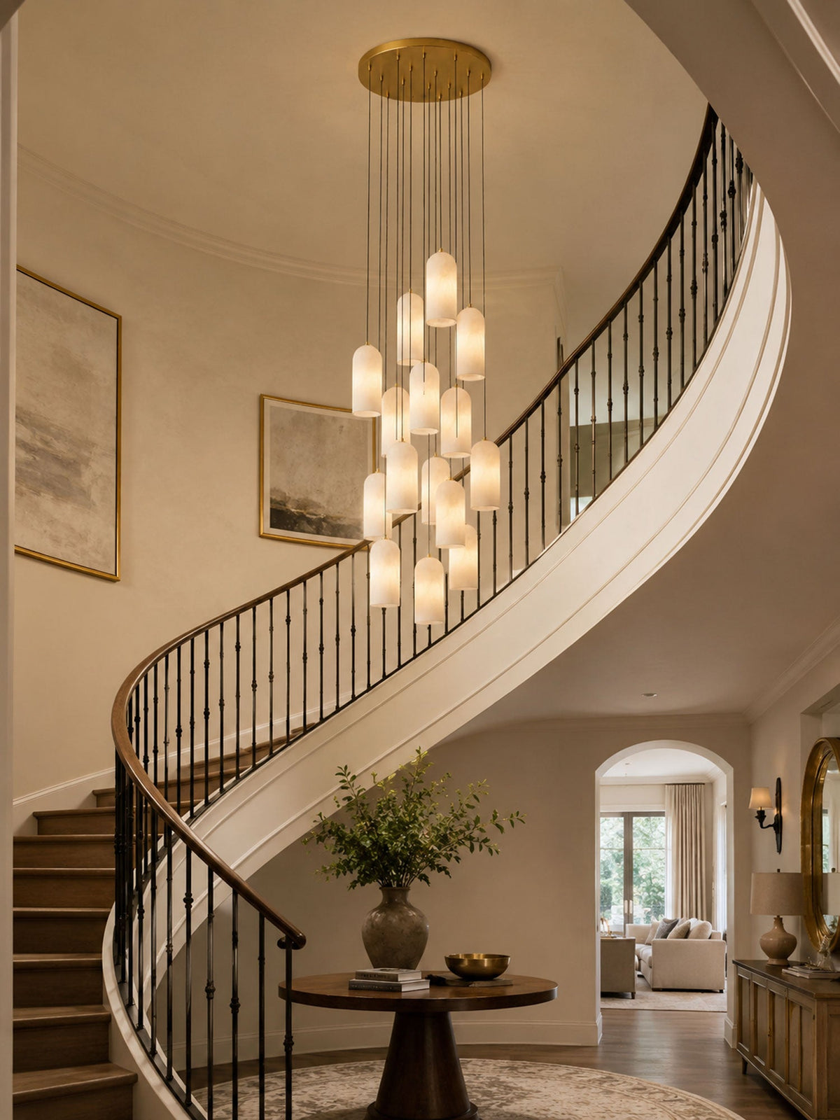 Alabaster Hängeleuchte mit Geflochtenem Kabel – Naturstein Beleuchtung von Einzelleuchte bis 21-Licht Cluster – Mid-Century Modern Stil Esszimmer Hängeleuchte mit E12/E14 Fassung | Sansoti