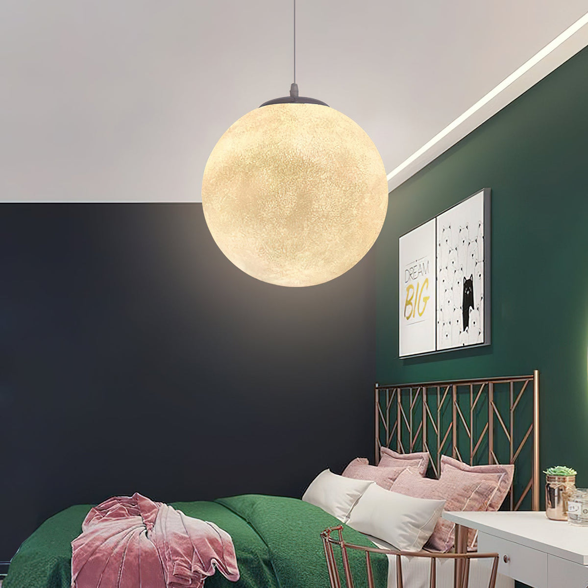 Suspension Lune – Texture Réaliste – 8 Tailles Disponibles – Boule de Lune Romantique pour Chambre Salle à Manger Chambre d’Enfant – Lumière Chaude Dimmable – Adaptateur Plafond Incliné Inclus | Sansoti