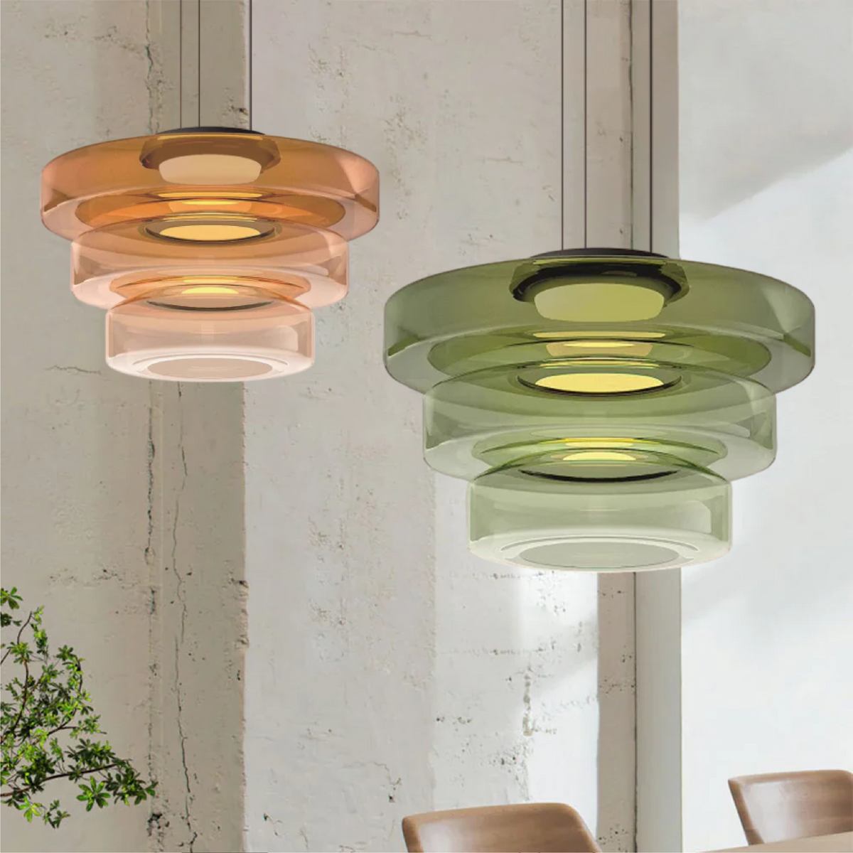 Lámpara colgante de vidrio LED, ámbar, verde y gris, varios niveles, salón, comedor y cocina, plafón moderno, ambiente Bauhaus | Sansoti