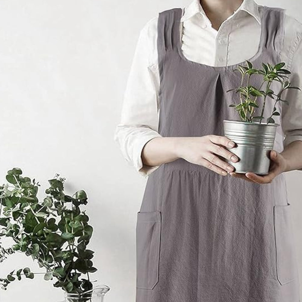 Korean-Inspired Cross-Back Apron – Linen Cotton Kitchen Apron with Cross Straps and Pockets – Garden Apron for Cooking and Baking | Sansoti