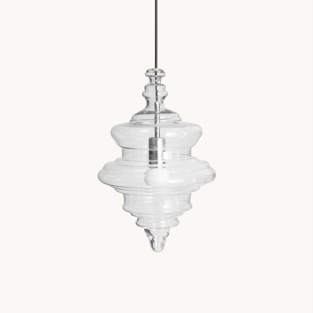 Suspension inspirée de l'Opéra Métropolitain avec silhouette fluide – verre fait main transparent, opale ou ambre – câble réglable 150 cm | Sansoti