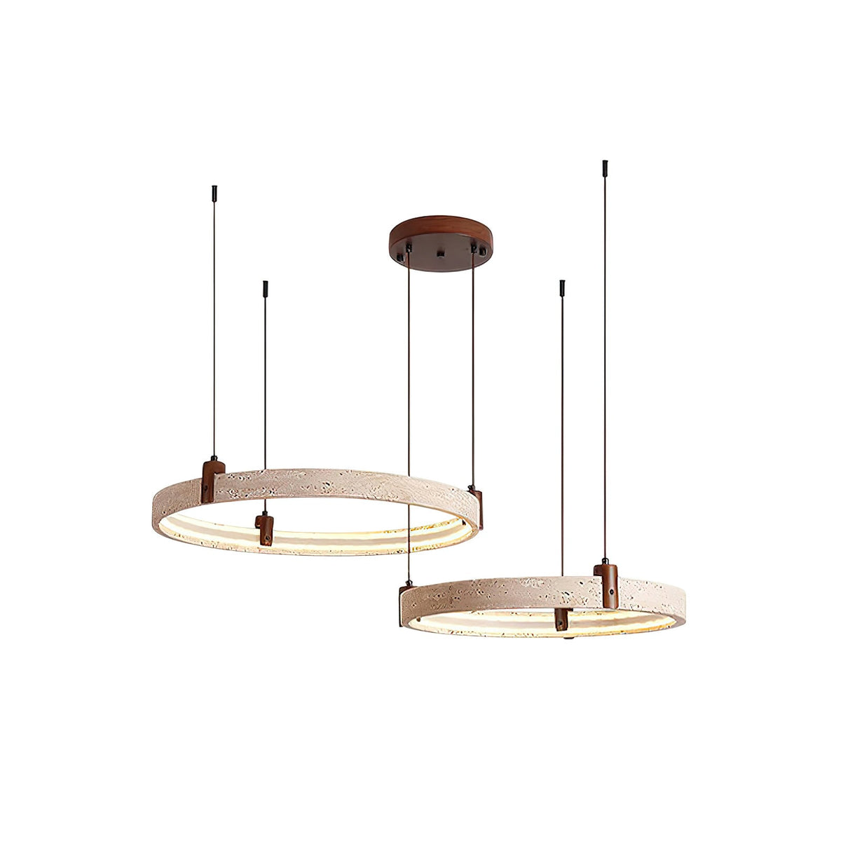 Travertin-Ring-Kronleuchter – Naturstein-Hängelampe mit Walnussholz und integrierter LED | Skandinavisches Design für Wohn- und Esszimmer | Sansoti