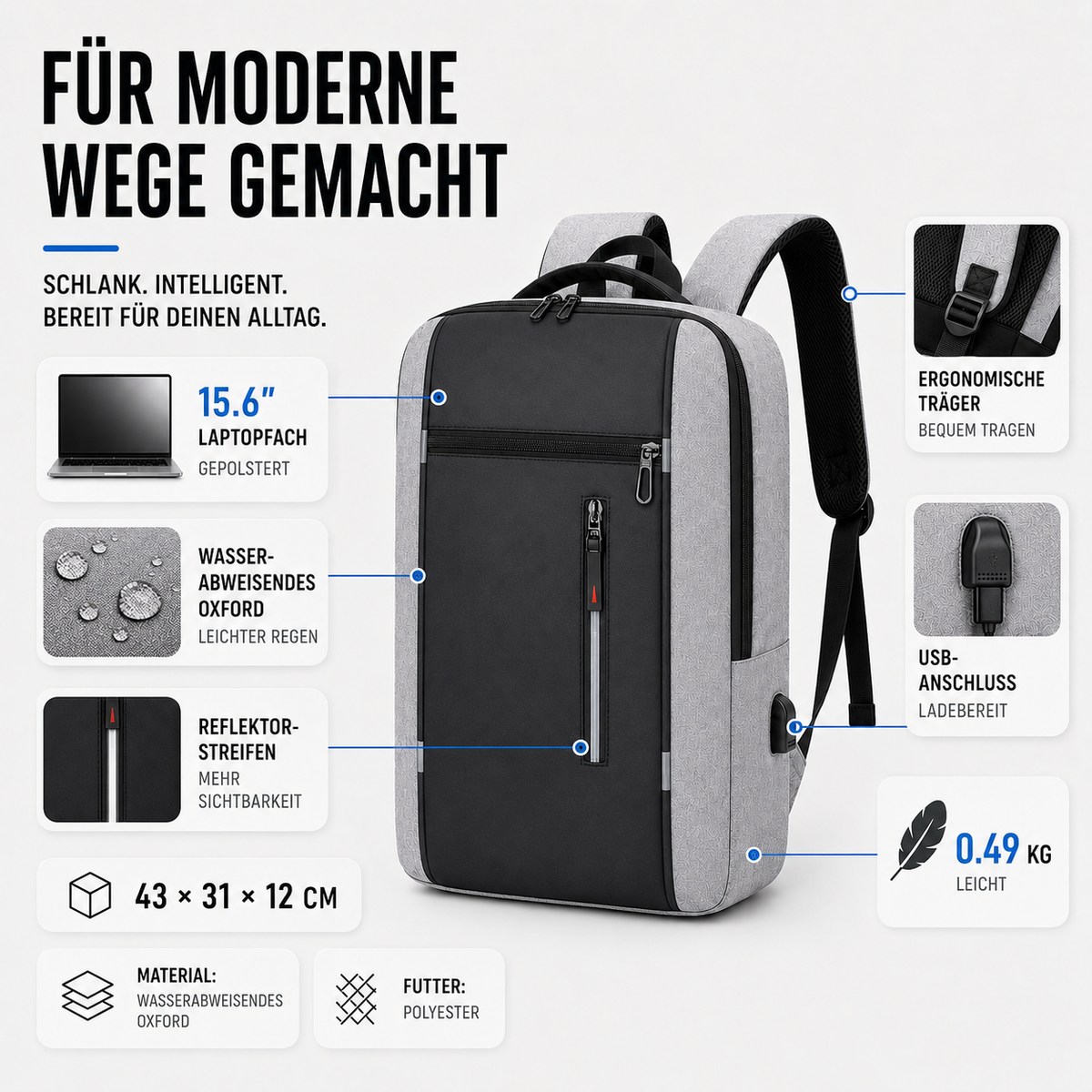 Wasserdichte Laptoptasche 15,6 Zoll mit USB-Anschluss, Schwarz Grau Blau Rot, Business-Rucksack, Studententasche, Reisen | Sansoti