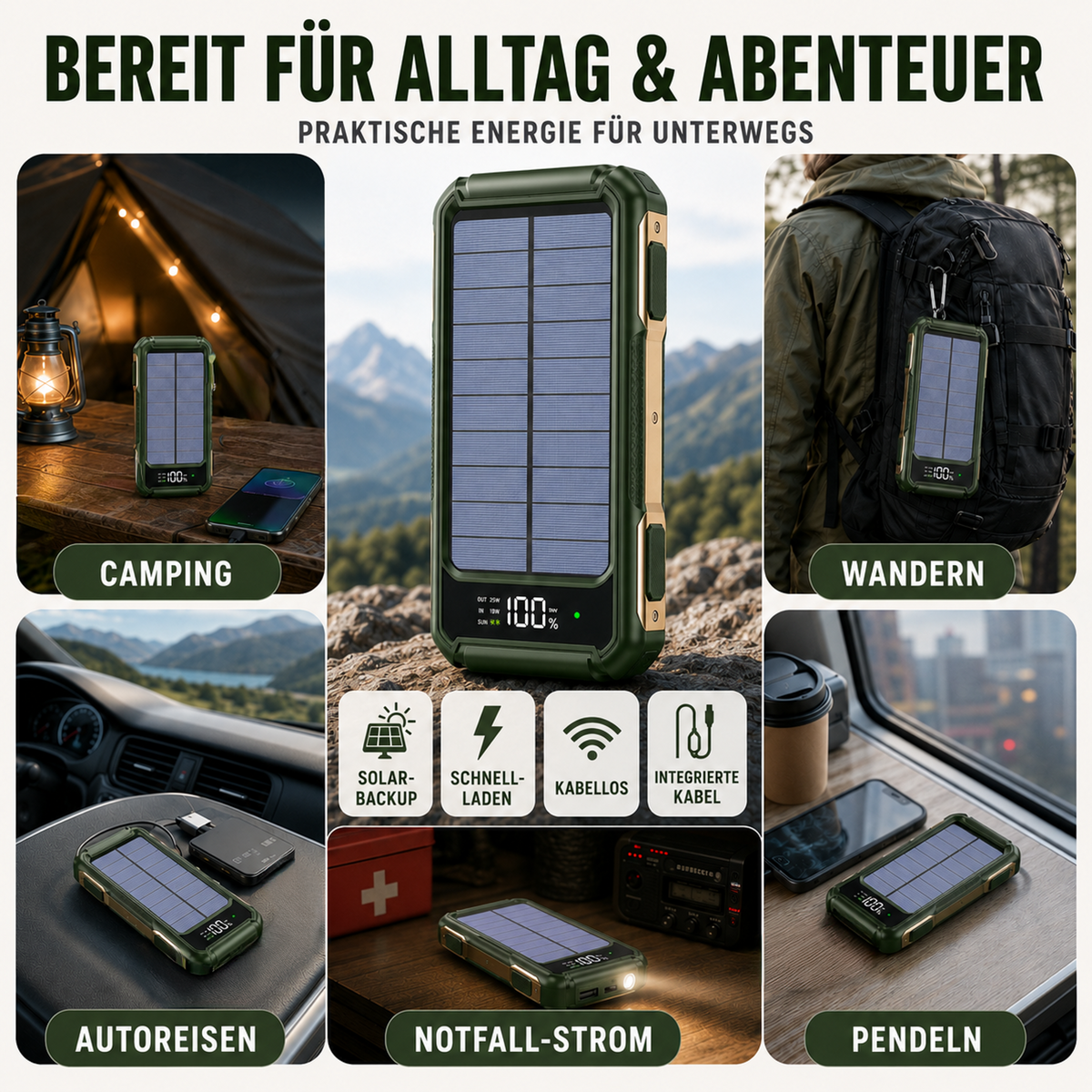 Batterie externe portable avec panneau solaire 10000-20000mAh, charge rapide USB-C et recharge sans fil pour activités en plein air et camping | Sansoti