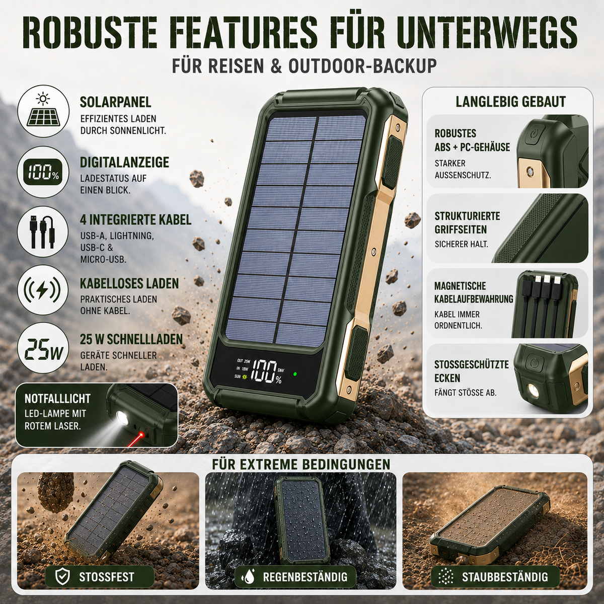 Batterie externe portable avec panneau solaire 10000-20000mAh, charge rapide USB-C et recharge sans fil pour activités en plein air et camping | Sansoti