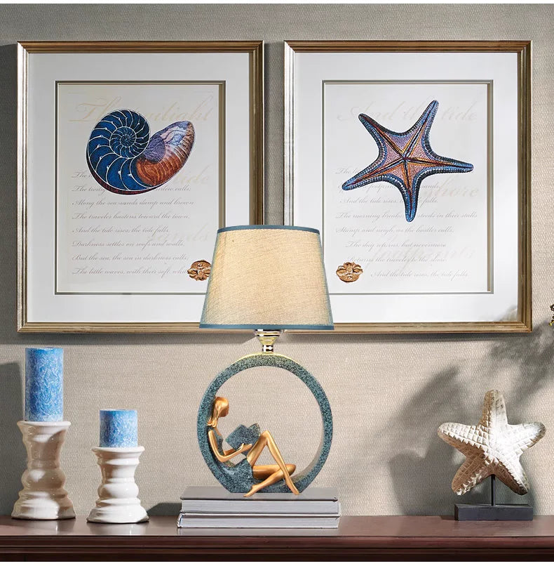 Reading lamp with Sculpture Reading Girl – Table lamp Resin & Fabric Blue – Ambient lighting Bedroom Desk Reading corner | Sansoti