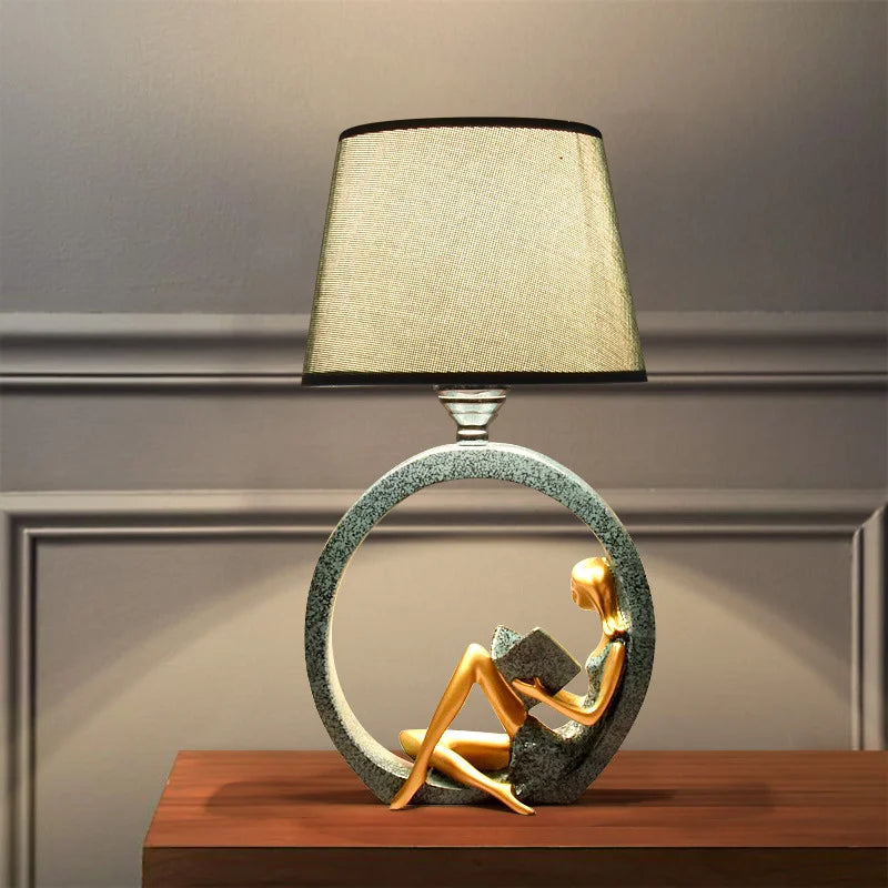 Reading lamp with Sculpture Reading Girl – Table lamp Resin & Fabric Blue – Ambient lighting Bedroom Desk Reading corner | Sansoti