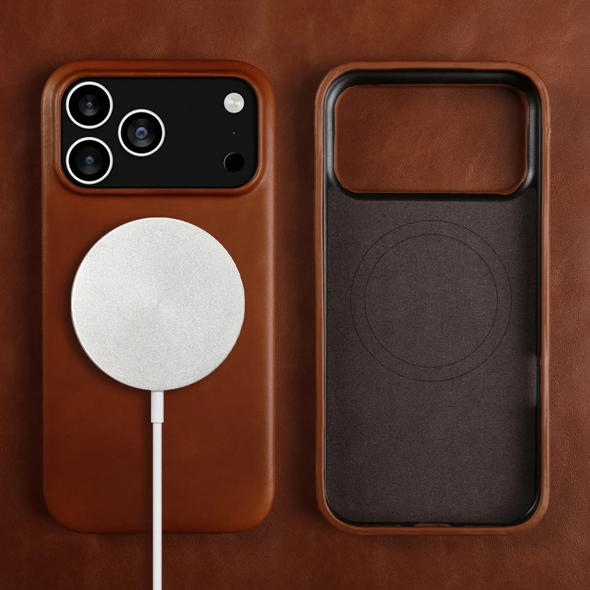 Leather iPhone Case with Magnetic Ring | Wireless Charging | MagSafe Compatible for iPhone 11-17 Pro Max | Sansoti