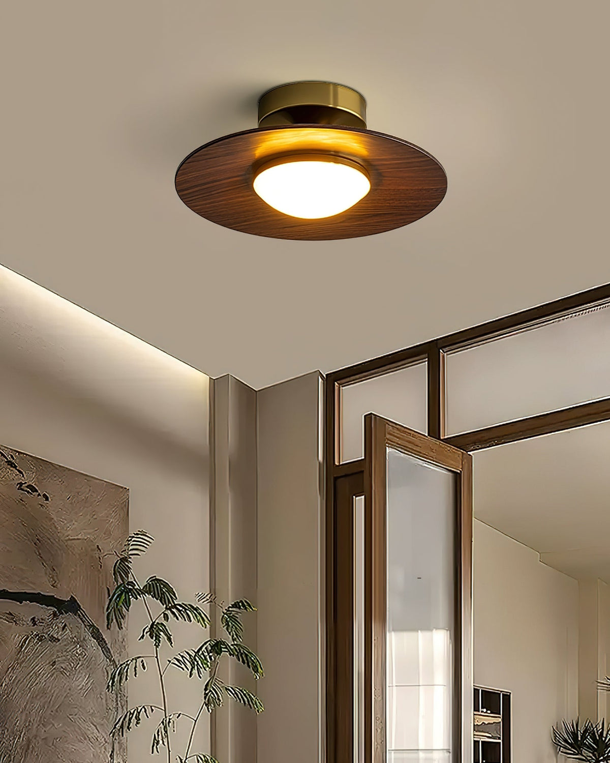 Küchen-Deckenlampe, dimmbar, Triac, 23,9 cm, Aufbauleuchte, Metall, Walnussholz-Akzent, Gold, warmweiß, LED, Esszimmer, Innenbereich | Sansoti