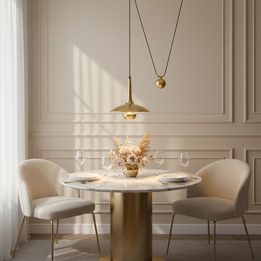Adjustable Pendant Lamp Onos – Height Adjustable with Counterweight Ball – Chrome or Gold Metal – Vintage 1970s Design – Retro Pendant Lighting for Dining Table and Kitchen Island | Sansoti