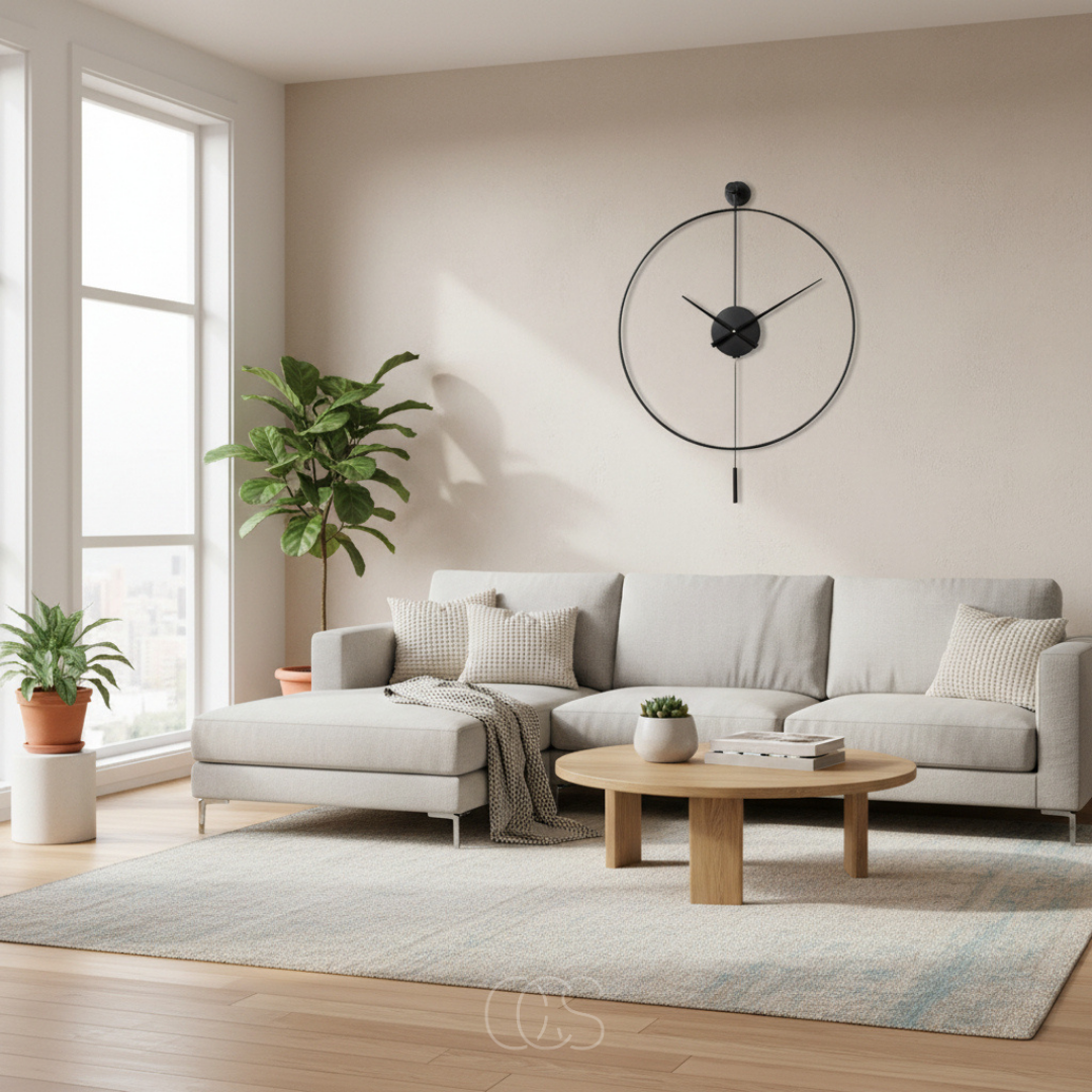 Reloj de pared grande 50cm, silencioso, de cuarzo, metal negro, péndulo, clásico y moderno, salón, dormitorio | Sansoti