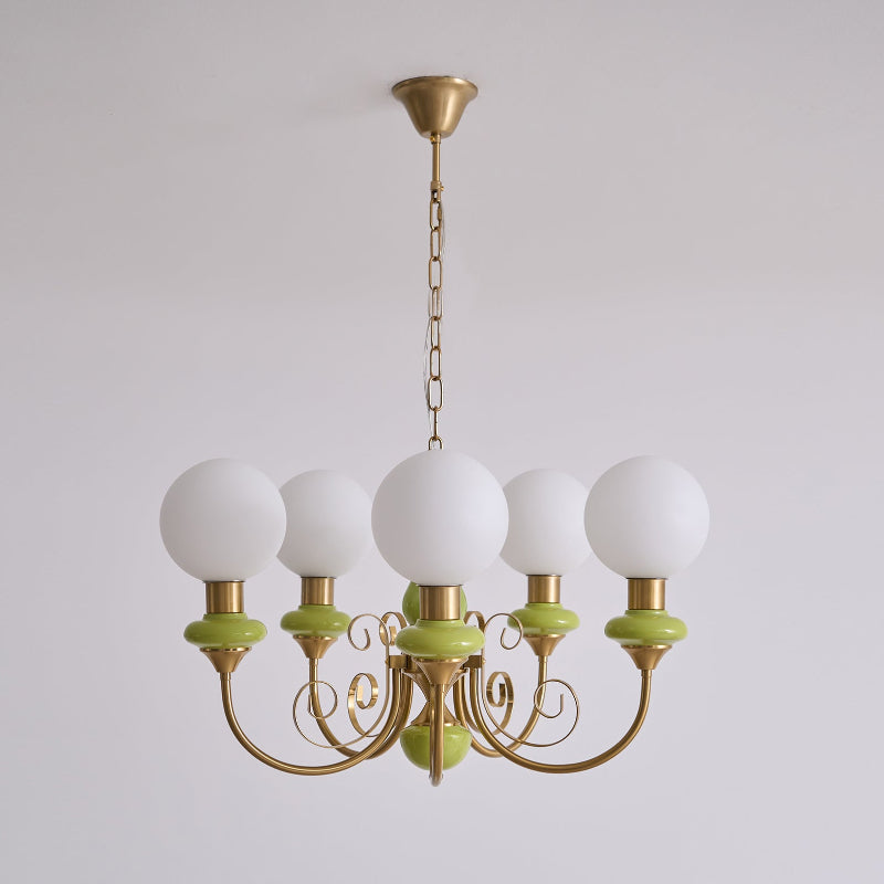 Glas-Kronleuchter mit Eisenrahmen in Grün, Gold und Weiß, 3-5-8 Lampen, Pendelleuchte für Esszimmer und Wohnzimmer | Sansoti