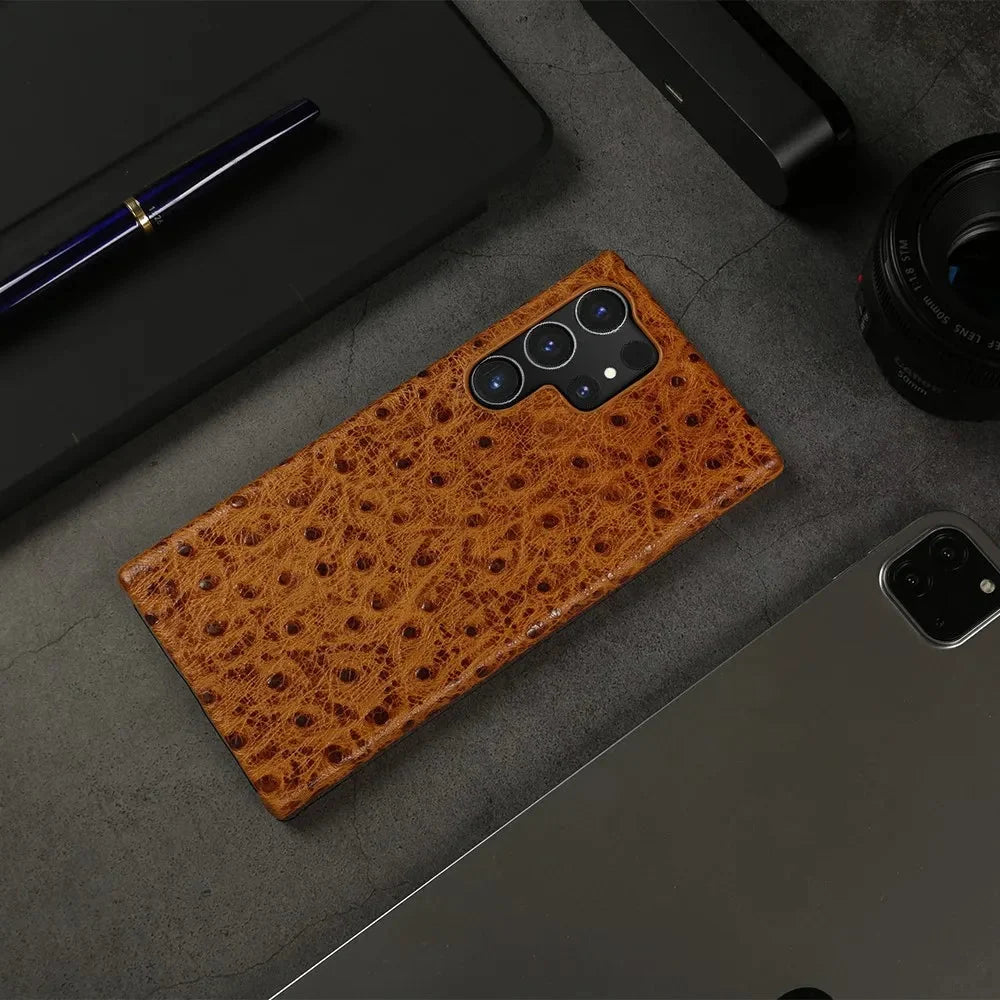Handyhülle aus echtem Straußenleder für Samsung Galaxy mit Stoßdämpfung, fingerabdruckabweisend, luxuriöser Schutz | Sansoti