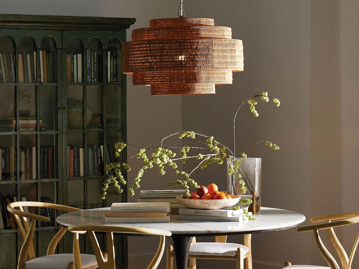 Woven Rattan Chandelier Layered Iron Frame Adjustable Height Pendant Light Dining Room Living Room Lighting | Sansoti