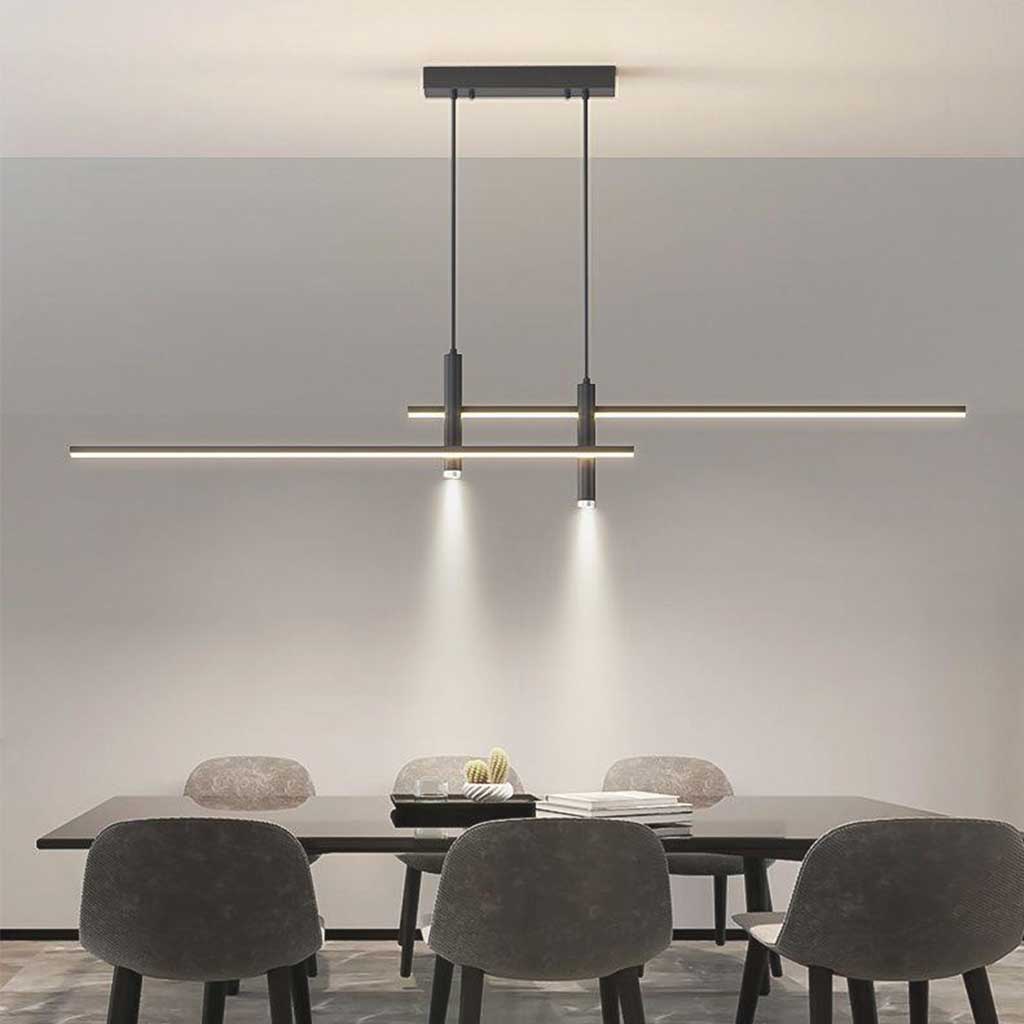Suspension LED minimaliste avec spots, aluminium noir et doré, à intensité variable, télécommande, pour salle à manger | Sansoti