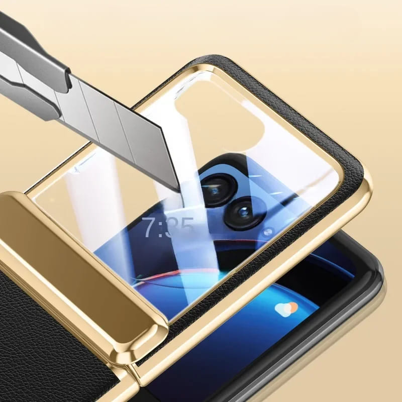Faux Leather Protective Case for Foldable Smartphone with Tempered Glass, Chrome Finish and Full Protection | Sansoti